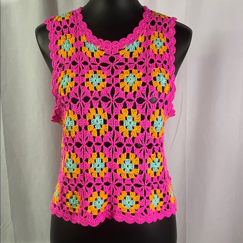 BiBi Pink Orange & Aqua Blue Sleeveless Cropped Knit Granny Square Sweater
